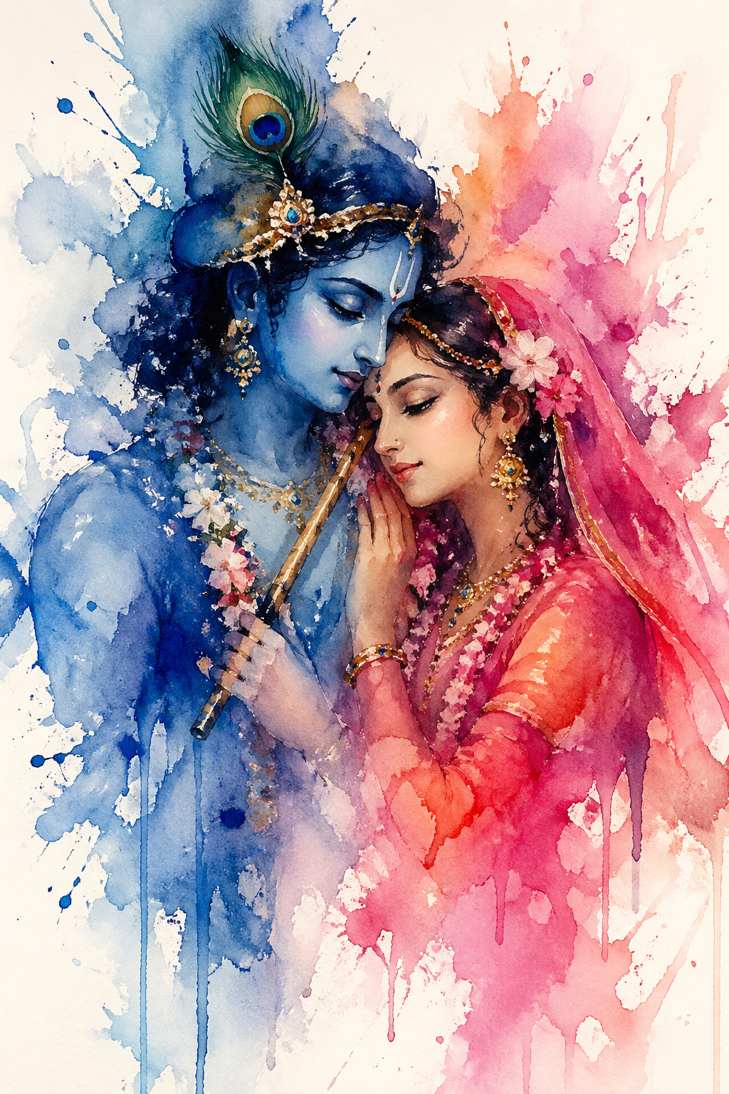 Radha Krishna watercolor painting with flowing washes of blue and pink merging on white paper